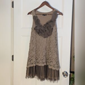 Ryu Taupe Lace Dress with Floral Appliqué. Romantic. Shabby Chic. Size Small.